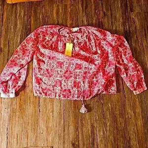 NWT Womens Anthropologie Let Me Be Rose Gold Pink Silk Drawstring Blouse